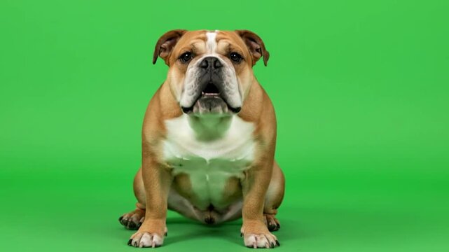 English Bulldog Sitting Patiently on a Vibrant Green Background.