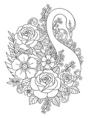 Floral Swan Line Art Illustration &ndash; Elegant Botanical Coloring Page Design