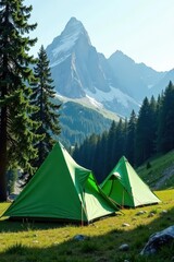 Green canvas tents pitched between towering evergreens, mountain backdrop, vacation, green tent