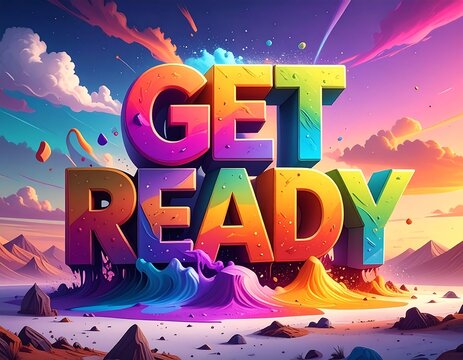 Bold, colorful "GET READY" text floating above a surreal landscape - Powered by Adobe