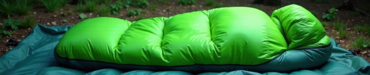 Green sleeping bag neatly packed in a gray camping backpack , blue, rock, adventure
