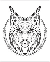 Obraz premium Animal coloring page for adults, Hand drawn lynx with doodle and ornamental detailed line art vector illustration for anti stress coloring book design elements