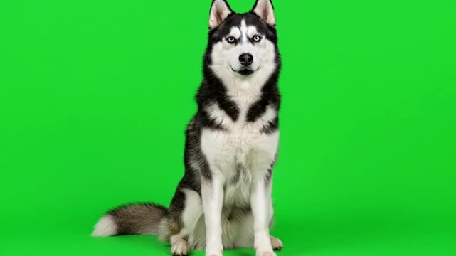 Siberian Husky Dog Sitting on Green Screen Background.