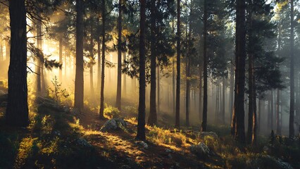 Obraz premium Sunlight streams through a misty forest creating a magical glow, illuminating tall pine trees and dappled ground cover with an ethereal, golden light in a serene natural setting