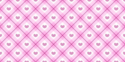 Pink and white diagonal gingham plaid pattern with tiny hearts, perfect for feminine, romantic, Valentine's Day, wedding, or baby shower invitation and packaging designs.