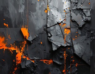 Abstract cracked grey surface with vibrant orange highlights
