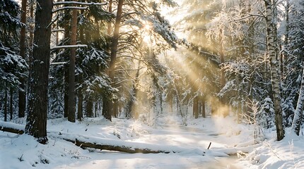 Naklejka premium Golden Sunbeams Pierce Snowy Winter Forest Trees in a Serene Frozen Landscape