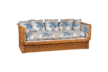 Wicker Sofa with Blue Floral Cushions - Rattan Furniture