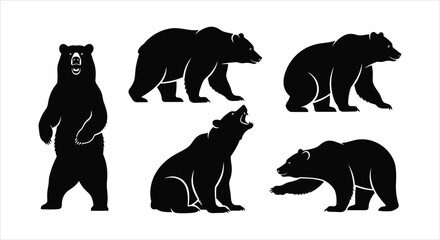 Set of Diverse Bear Silhouettes in Various Poses and Actions
