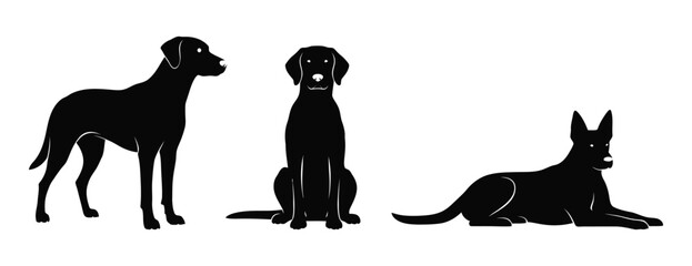Elegant black dog silhouettes showcasing diverse canine postures standing, sitting, and resting