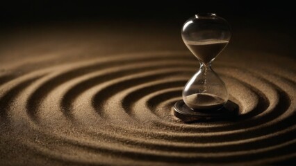 Golden sand trickling in hourglass on dark background, creating rippled pattern  peaceful, serene closeup.