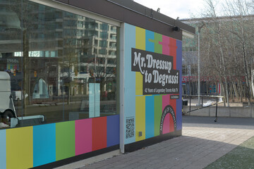 Fototapeta premium exterior of exhibition pavilion with sign of Mr. Dressup to Degrassi: 42 Years of Legendary Toronto Kids TV, Harbourfront Centre
