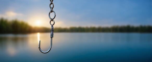Fishing hook suspended over tranquil water, reflecting sky and trees in blurred background, evoking peaceful and serene ambiance.