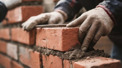 Hands wearing gloves working on red brick wall with trowel at construction site  closeup view angle.