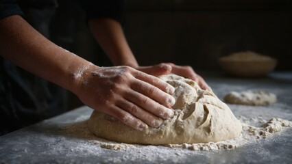 Fototapeta premium Closeup of hands kneading freshly baked dough on flourcovered table, with bowl in background. Dark background emphasizes hands.