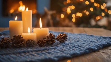 Festive Candle Arrangement on Wooden Table with Pine Cones and Christmas Decorations in Cozy Atmosphere