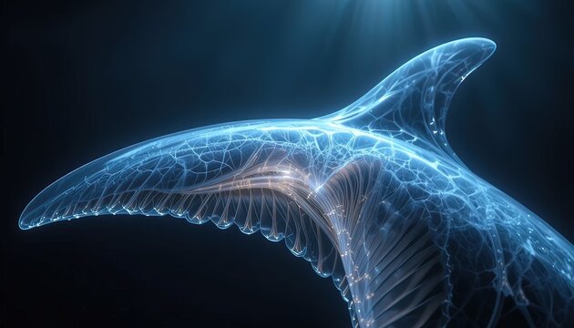 This image features a digital illustration of a whale&rsquo;s tail (fluke) rendered in a translucent, X-ray&ndash;like style. The tail glows in soft blue tones, revealing a complex internal network resembling vei