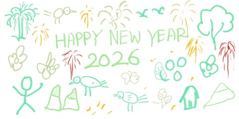 Hand drawn Happy New Year 2026 doodle illustration with nature elements, birds, trees, fireworks and playful sketches. Cute pastel style artwork ideal for greeting cards, posters, social media .