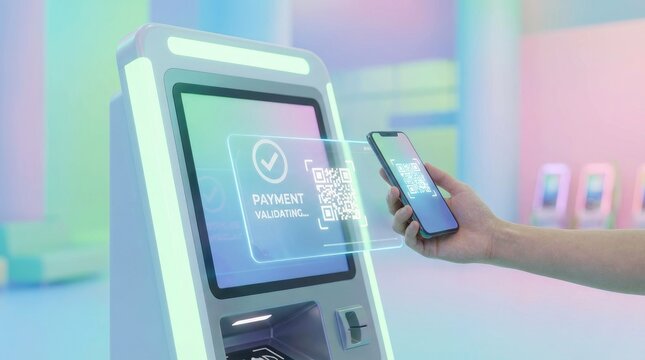 Smartphone scanning QR code on a payment terminal with a validation checkmark and glowing interface - Powered by Adobe