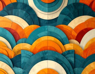 Abstract mosaic of semi-circular shapes in vibrant autumnal hues