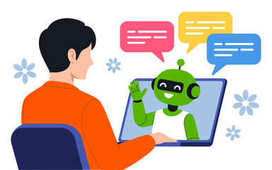 Man working on laptop with AI robot assistant during online consultation, representing artificial intelligence technology, human machine collaboration, smart solutions, digital advisor, modern workflo