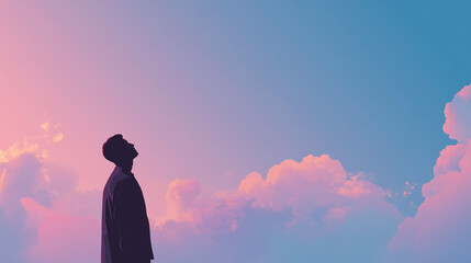 やわらかな空の色に包まれて未来を見つめる人物のシルエットイラスト