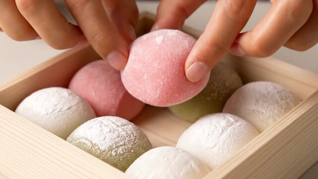 Hands Choosing Colorful Mochi Desserts in Wooden Box
