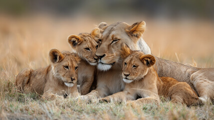 Family of Lions Relaxing Together in the African Savanna, Showing Affection and Bonding Moments Among Playful Cubs and Their Mother in Natural Habitat