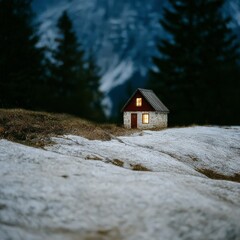 Small stone cottage with glowing windows sits on a snowy mountain slope surrounded by dark forest