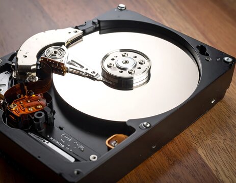 Detailed internal view of a hard disk drive on a wooden surface, revealing its intricate mechanics