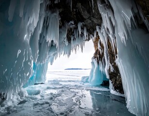 Cave entrance dripping with icicles overlooks a frozen expanse