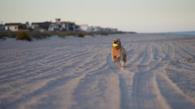 Cute Golden Retriver playing on the beach at sunset