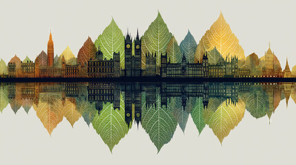 Symmetrical design material of city buildings with green leaf reflection, showing nature integration, for environmental and urban themes