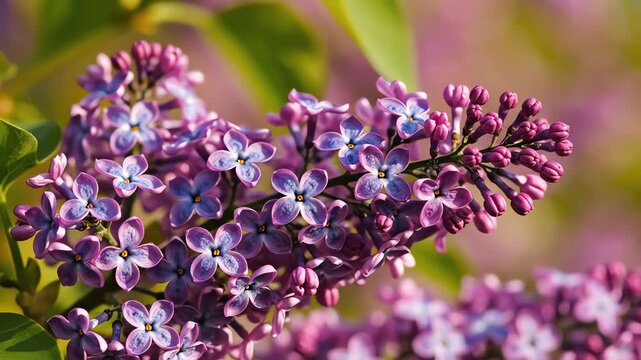 Seamlessly looping abstract macro visualization focusing on the richly textured clustered pattern of tiny violet purple lilac florets blooming in spring minimalist, looping, visualization