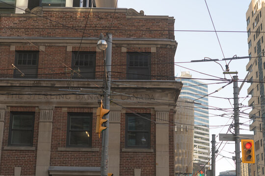 detail of facade of The Sterling Bank of Canada, at 260 Church Street, southwest corner of Church and Dundas St E in Toronto
