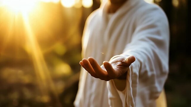 Hopeful scene of outstretched hand reaching out towards light and nature, offering guidance and spirituality in motion