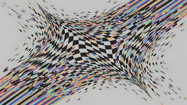T&uacute;nel abstracto con tablero ajedrezado en v&oacute;rtice profundo y destellos prism&aacute;ticos, concepto de portal futurista para ciencia ficci&oacute;n, metaverso y exploraci&oacute;n