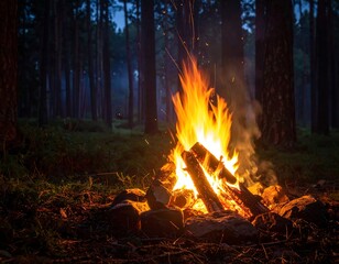 Burning bonfire in a dark forest at dusk, with flames and trees