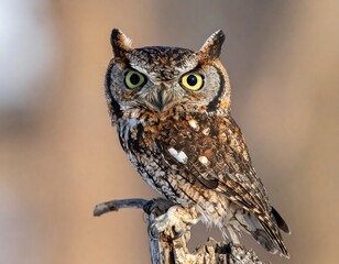 Bird of prey perched atop a dead tree branch, looking directly at the viewer