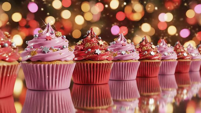Seamlessly looping abstract motion graphic featuring an infinite horizontal row of shiny pastel pink and red decorated holiday cupcakes row, minimalist, seamlessly looping