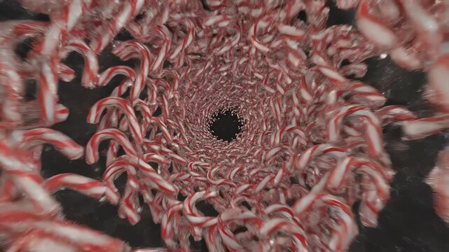 Seamlessly looping abstract motion graphic featuring countless miniature red and white striped candy canes flowing and rotating in a mesmerizing endless spiral pattern white, sugar, commercial
