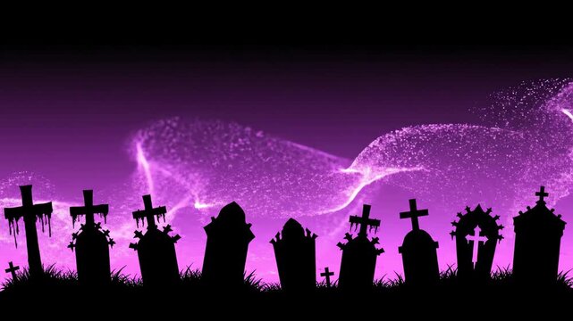 Seamlessly looping abstract motion graphic featuring silhouetted gothic tombstones positioned against a deep purple and black stylized sky with constant digital mist scrolling across the frame fantasy