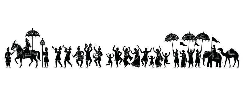Indian groom and wedding party procession line art illustration