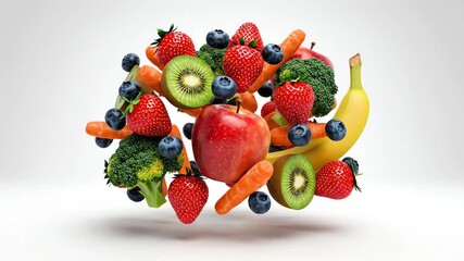 Seamlessly looping abstract motion graphic featuring various pieces of vivid fresh fruit and vegetables floating and gently spinning in a clean void Seamlessly, health, vitamins