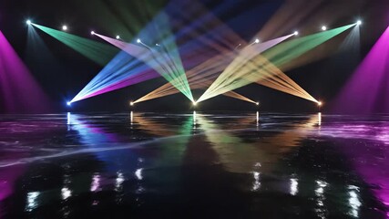 Seamlessly looping abstract motion graphic of bright, sweeping stage spotlights moving dynamically across a polished, reflective black ice surface reflective, design, dark