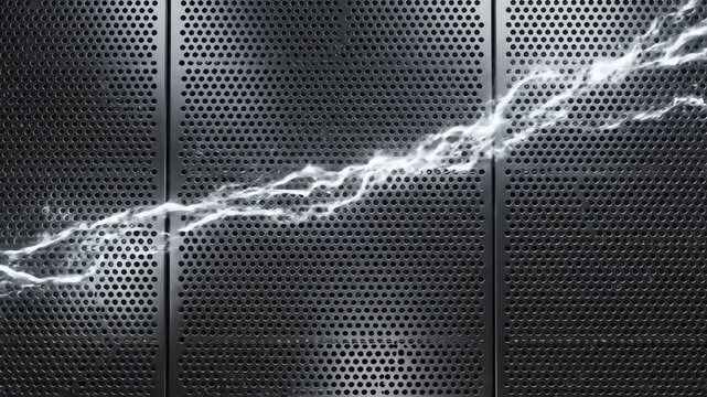Seamlessly looping abstract motion graphic of bright white light streaks rapidly reflecting across a sleek, perforated metal screen background data transfer, wallpaper, technological background