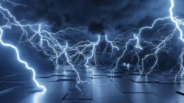 Seamlessly looping abstract motion graphic of brilliant blue electrical arcs randomly connecting between stylized dark cloud formations and a geometric ground surface stylized, electrical, modern