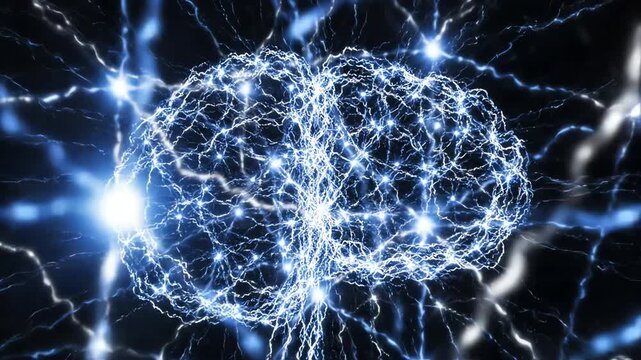 Seamlessly looping abstract motion graphic of chaotic, pulsing blue and white lines resembling erratic brain waves or neural activity against a dark background awareness, dynamic, looping background