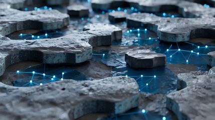 Fragmented concrete islands with glowing blue data network connections