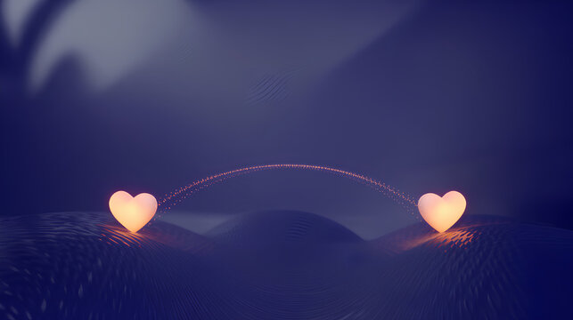 Two glowing hearts connected by spark bridge over purple waves at night